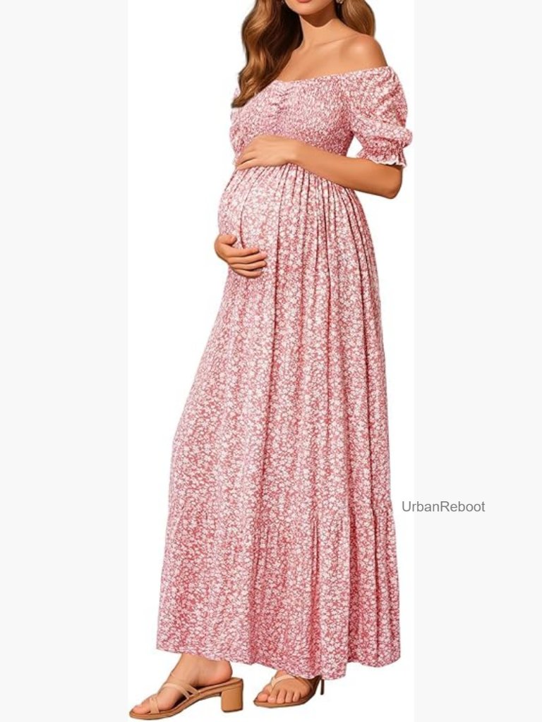 Off Shoulder Maternity Maxi Dress Baby Shower Photoshoot Floral Summer Casual
